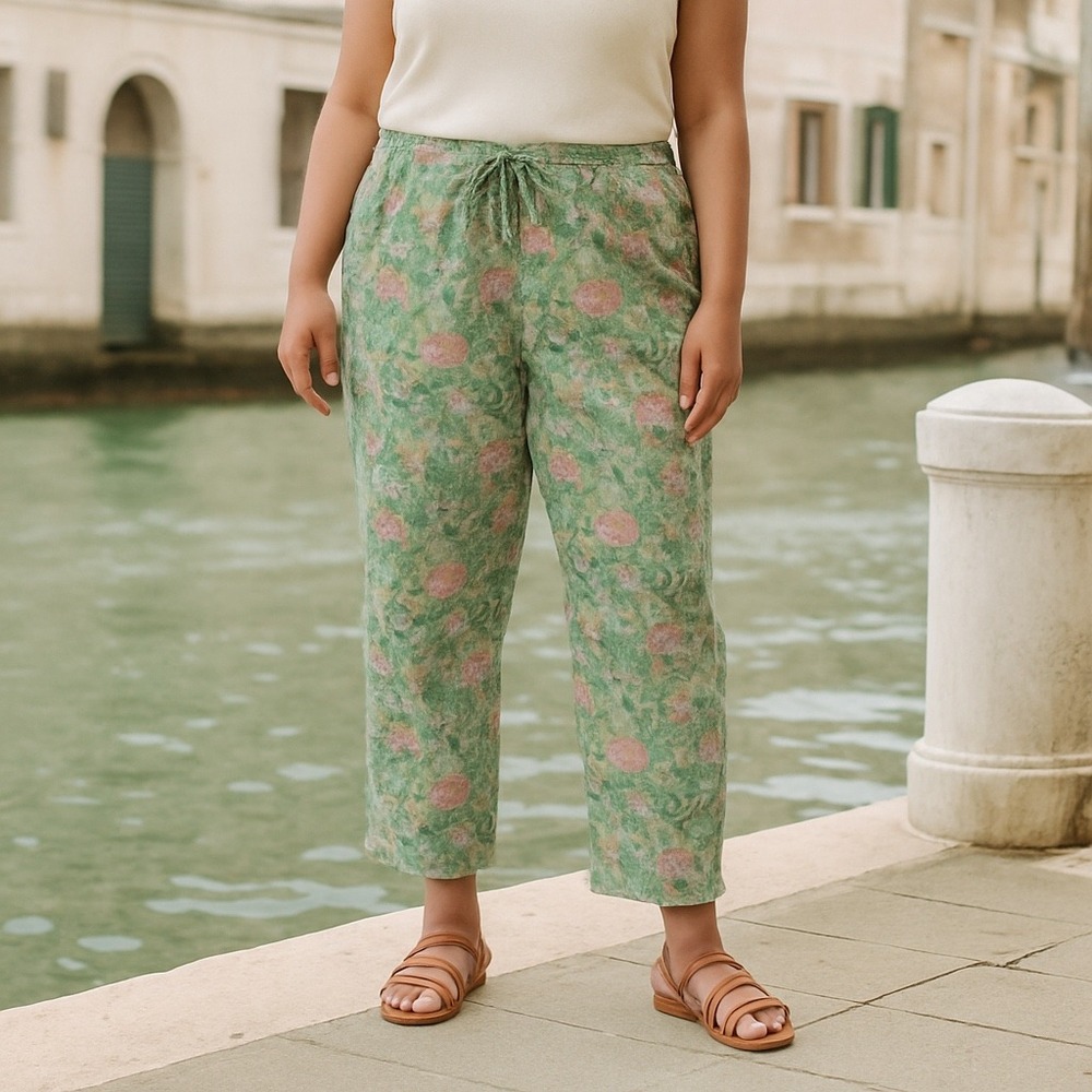 XIRENA Tayler Pant Size Large Green Floral Straight Leg Cotton Non-Stretch Weave